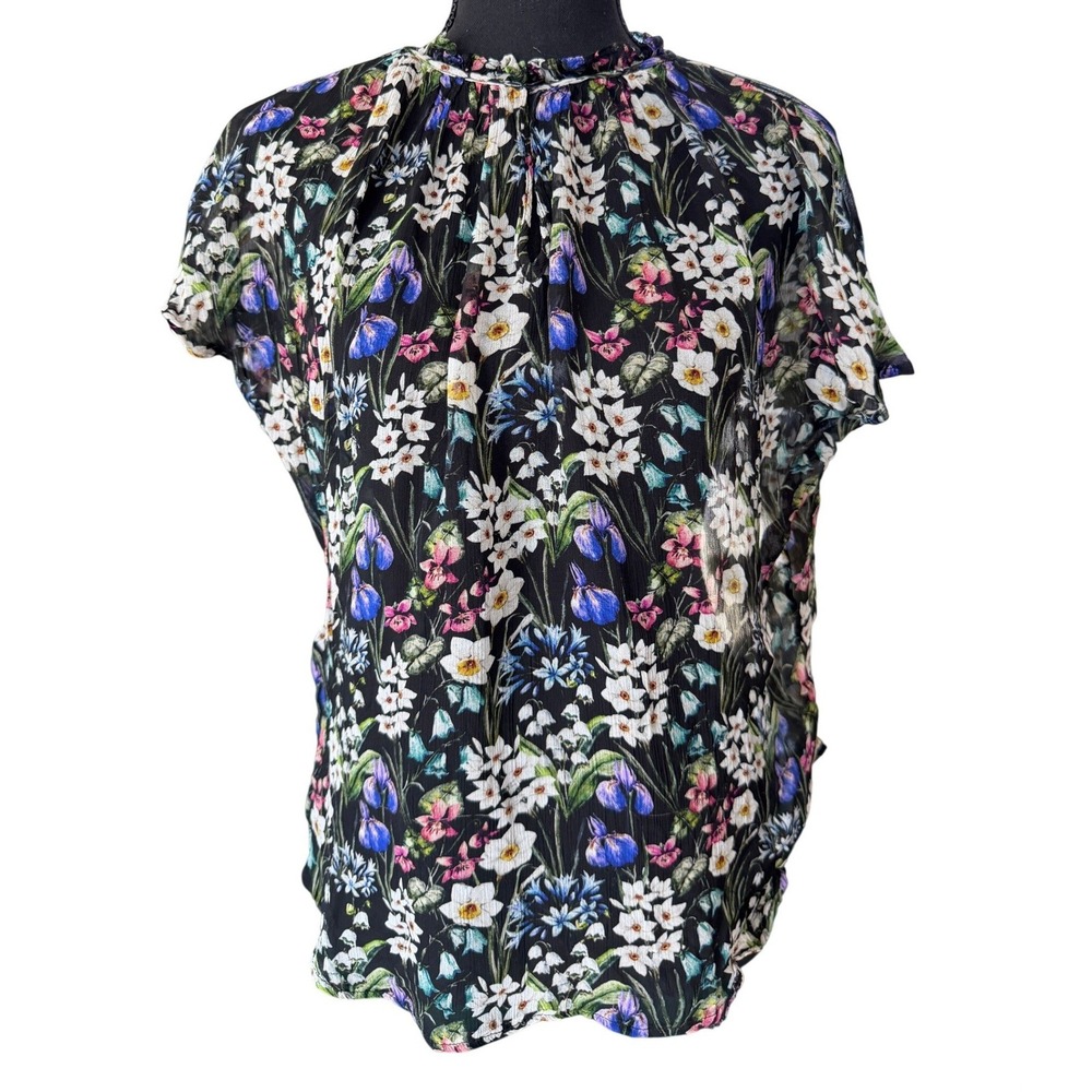 Amour Vert Sheer Floral High Neck Blouse Top Size S Black Garden Party Romantic